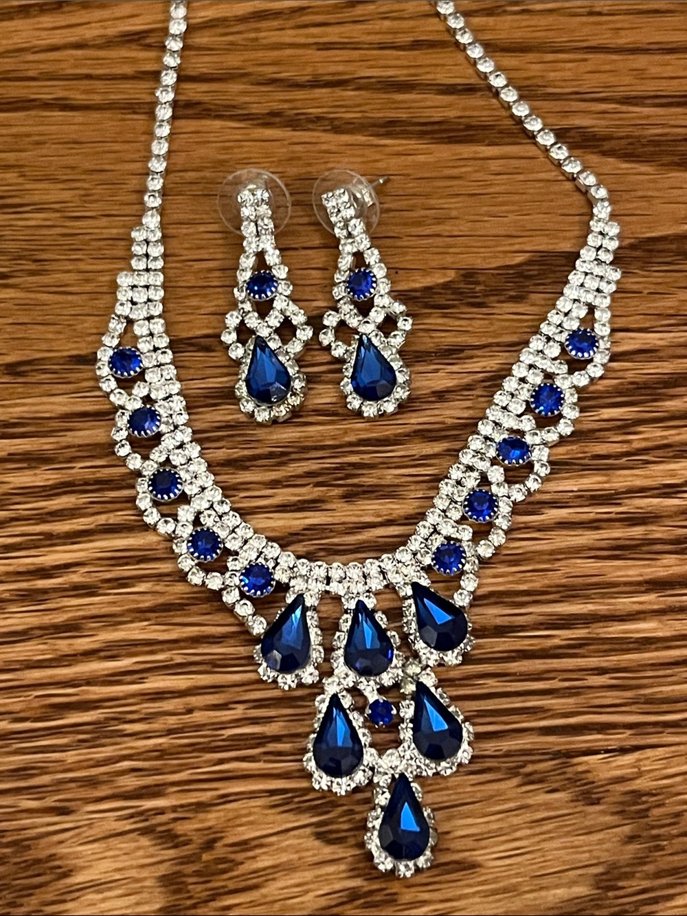 Christina Collection blue/clear rhinestone statement necklace and earrings set